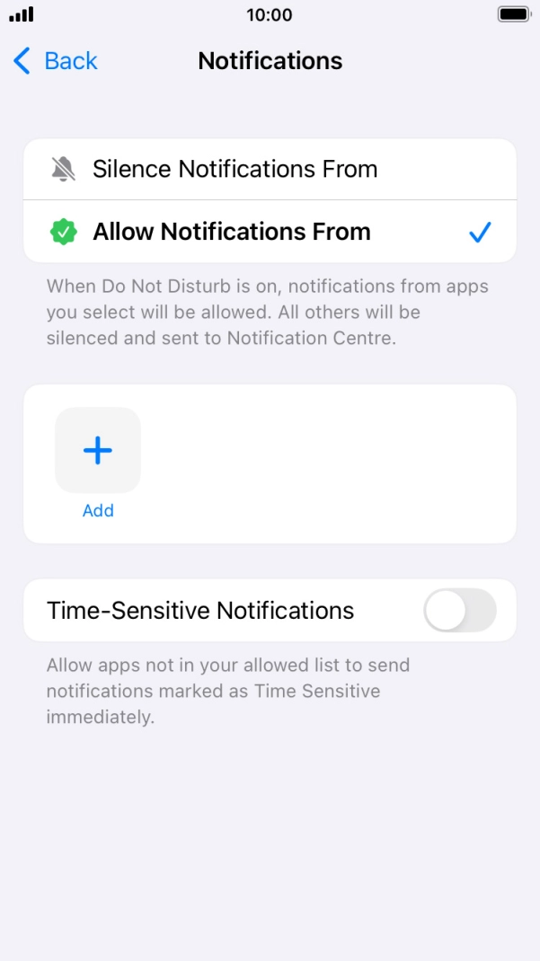 Press the indicator next to 'Time-Sensitive Notifications' to turn display of timed notifications on or off when Do Not Disturb is turned on. Press the indicator next to 'Time-Sensitive Notifications' to turn display of timed notifications on or off when Do Not Disturb is turned on.