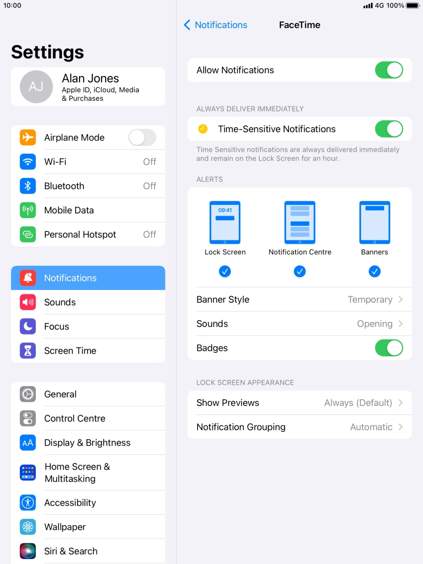 Press the indicator next to 'Allow Notifications' to turn notifications for the selected application on or off. Press the indicator next to 'Allow Notifications' to turn notifications for the selected application on or off.