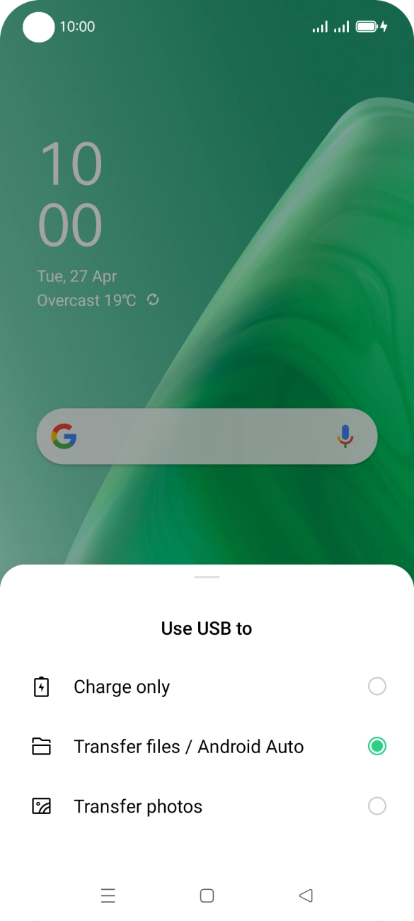 Press Transfer files / Android Auto. Press Transfer files / Android Auto.