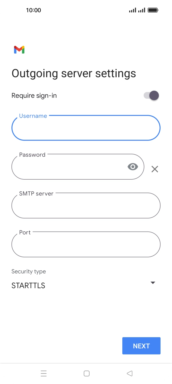 Press the field below 'Password' and key in the password of your email provider's outgoing server. Press the field below 'Password' and key in the password of your email provider's outgoing server.