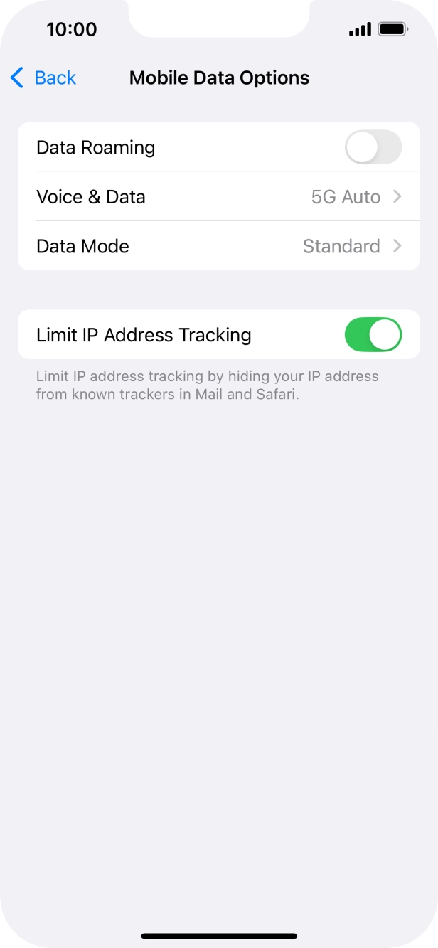 Press the indicator next to 'Data Roaming' to turn the function on or off.