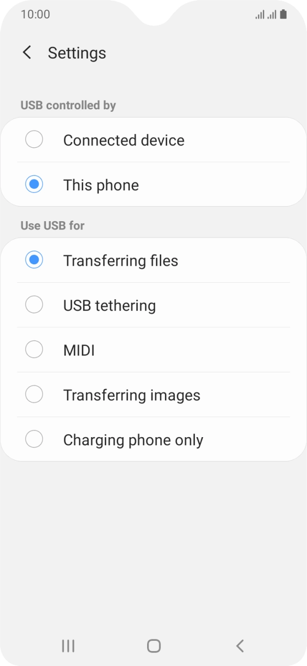 Press Transferring files to turn on the function. Press Transferring files to turn on the function.