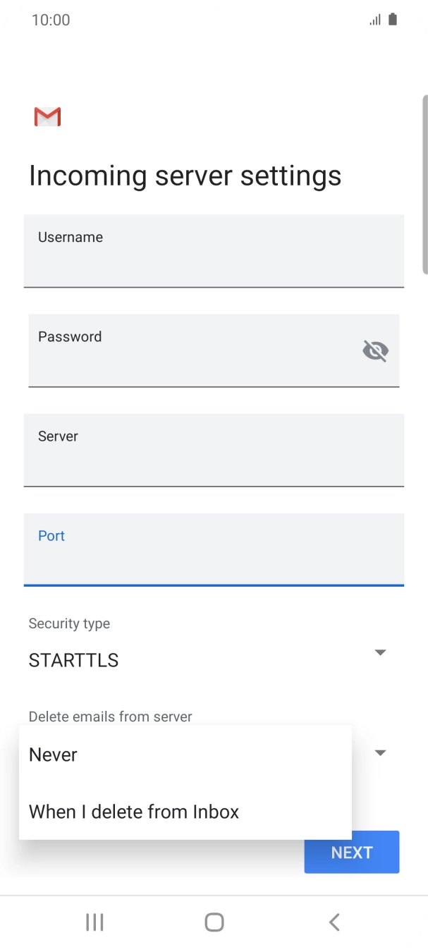 Press Never to keep emails on the server when you delete them on your phone. Press Never to keep emails on the server when you delete them on your phone.