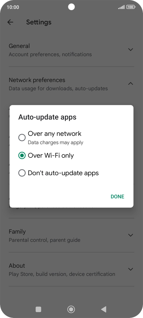To turn on automatic update of apps using mobile network, press Over any network.