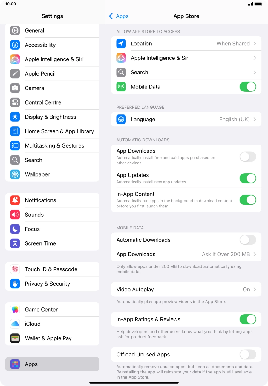 Press the indicator next to 'App Updates' to turn the function on or off. Press the indicator next to 'App Updates' to turn the function on or off.