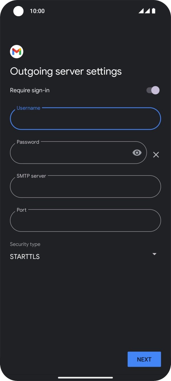 Press the field below 'Password' and key in the password of your email provider's outgoing server. Press the field below 'Password' and key in the password of your email provider's outgoing server.