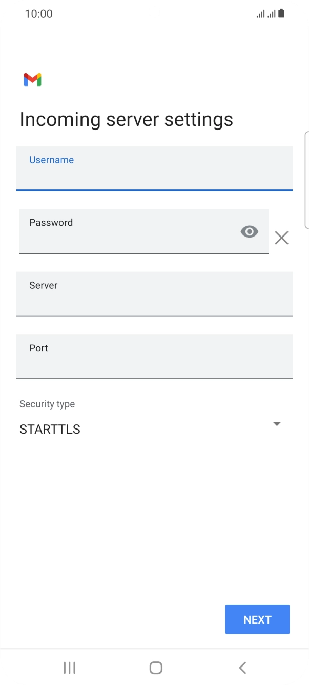 Press the field below 'Server' and key in the name of your email provider's incoming server. Press the field below 'Server' and key in the name of your email provider's incoming server.