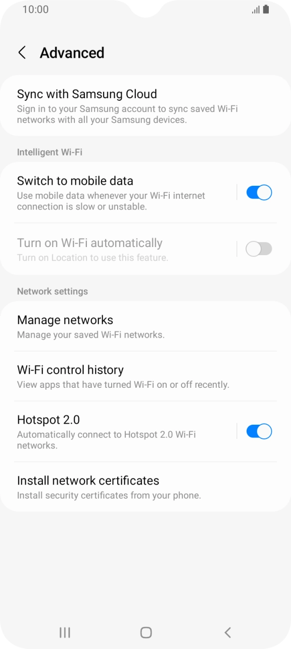 Press the indicator next to 'Switch to mobile data' to turn the function on or off. Press the indicator next to 'Switch to mobile data' to turn the function on or off.