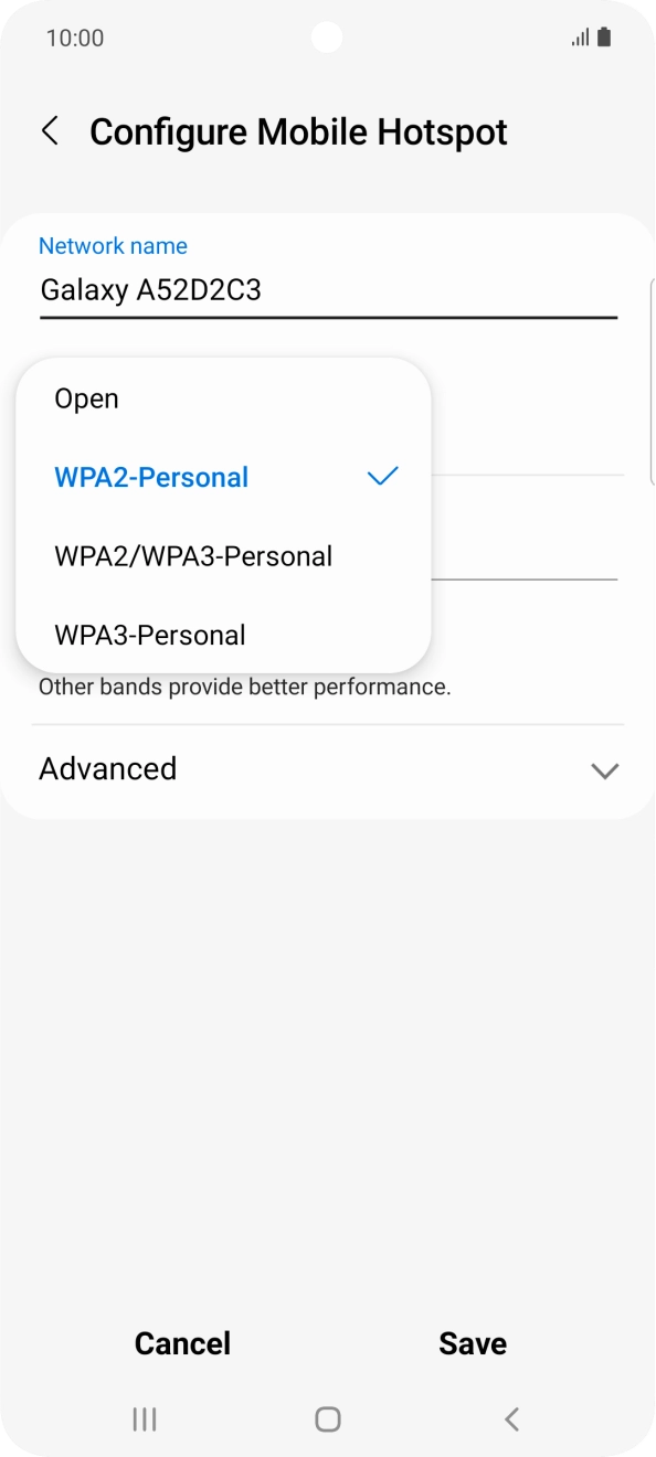 Press WPA3-Personal to password protect your WiFi hotspot. Press WPA3-Personal to password protect your WiFi hotspot.