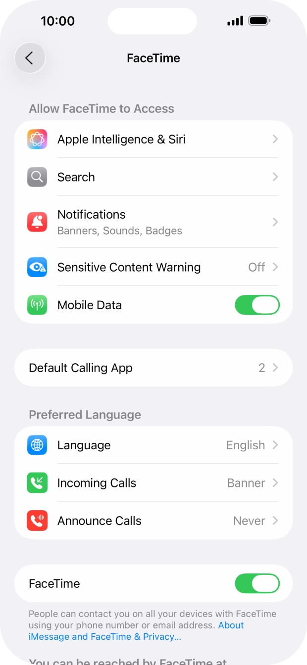 Press the indicator next to 'FaceTime' to turn the function on or off. Press the indicator next to 'FaceTime' to turn the function on or off.