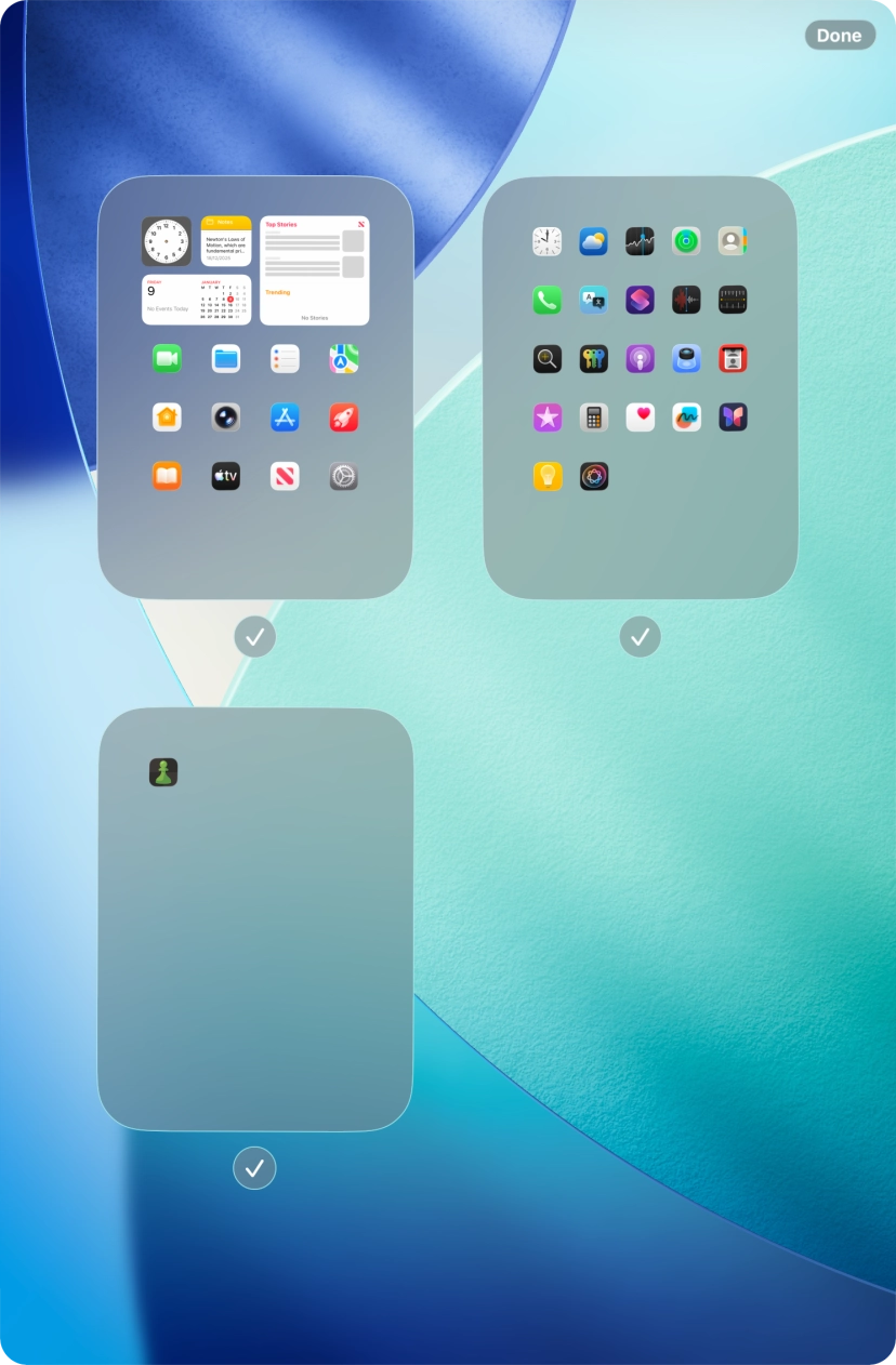 Press the field below the required home screen pages to select or deselect them. Press the field below the required home screen pages to select or deselect them.