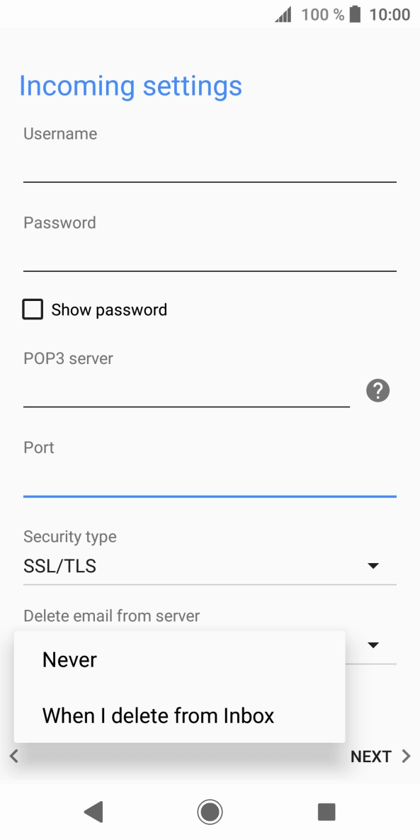 Press Never to keep emails on the server when you delete them on your phone. Press Never to keep emails on the server when you delete them on your phone.
