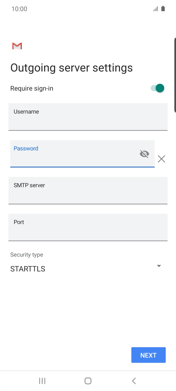 Press the field below 'SMTP server' and key in the name of your email provider's outgoing server. Press the field below 'SMTP server' and key in the name of your email provider's outgoing server.
