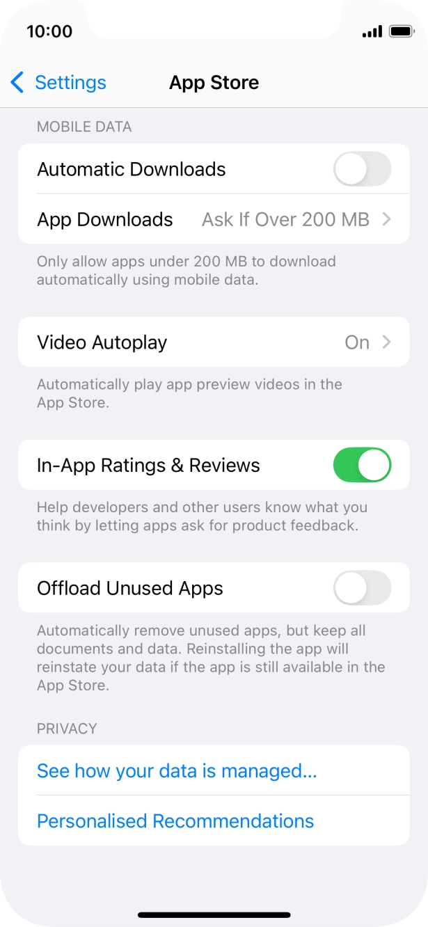 Press the indicator next to 'Offload Unused Apps' to turn the function on or off. Press the indicator next to 'Offload Unused Apps' to turn the function on or off.