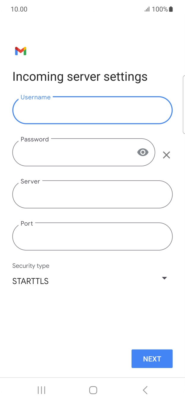 Press the field below 'Server' and key in the name of your email provider's incoming server. Press the field below 'Server' and key in the name of your email provider's incoming server.