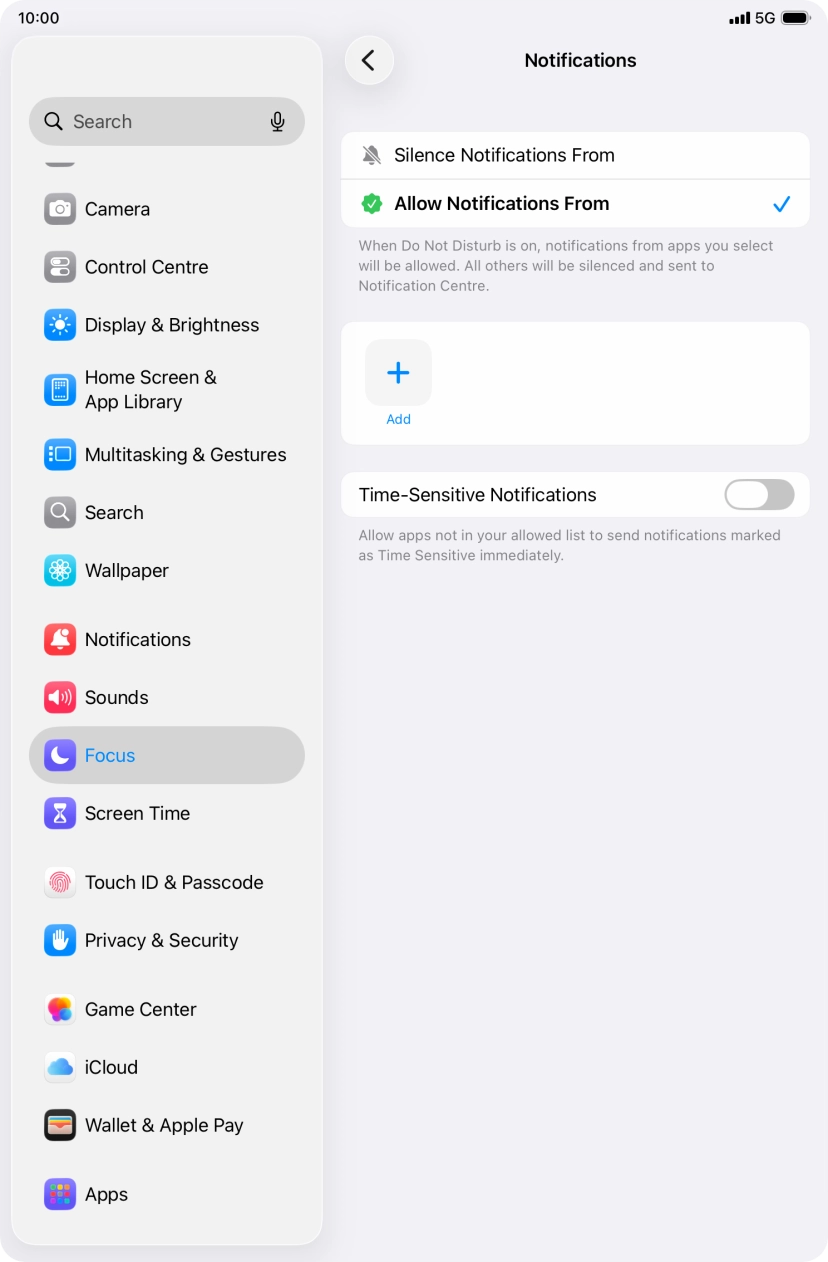 Press the indicator next to 'Time-Sensitive Notifications' to turn display of timed notifications on or off when Do Not Disturb is turned on. Press the indicator next to 'Time-Sensitive Notifications' to turn display of timed notifications on or off when Do Not Disturb is turned on.