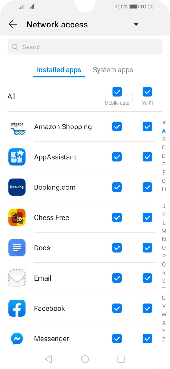 Press the field next to the application name in the 'Mobile data' column to turn the function on or off. Press the field next to the application name in the 'Mobile data' column to turn the function on or off.