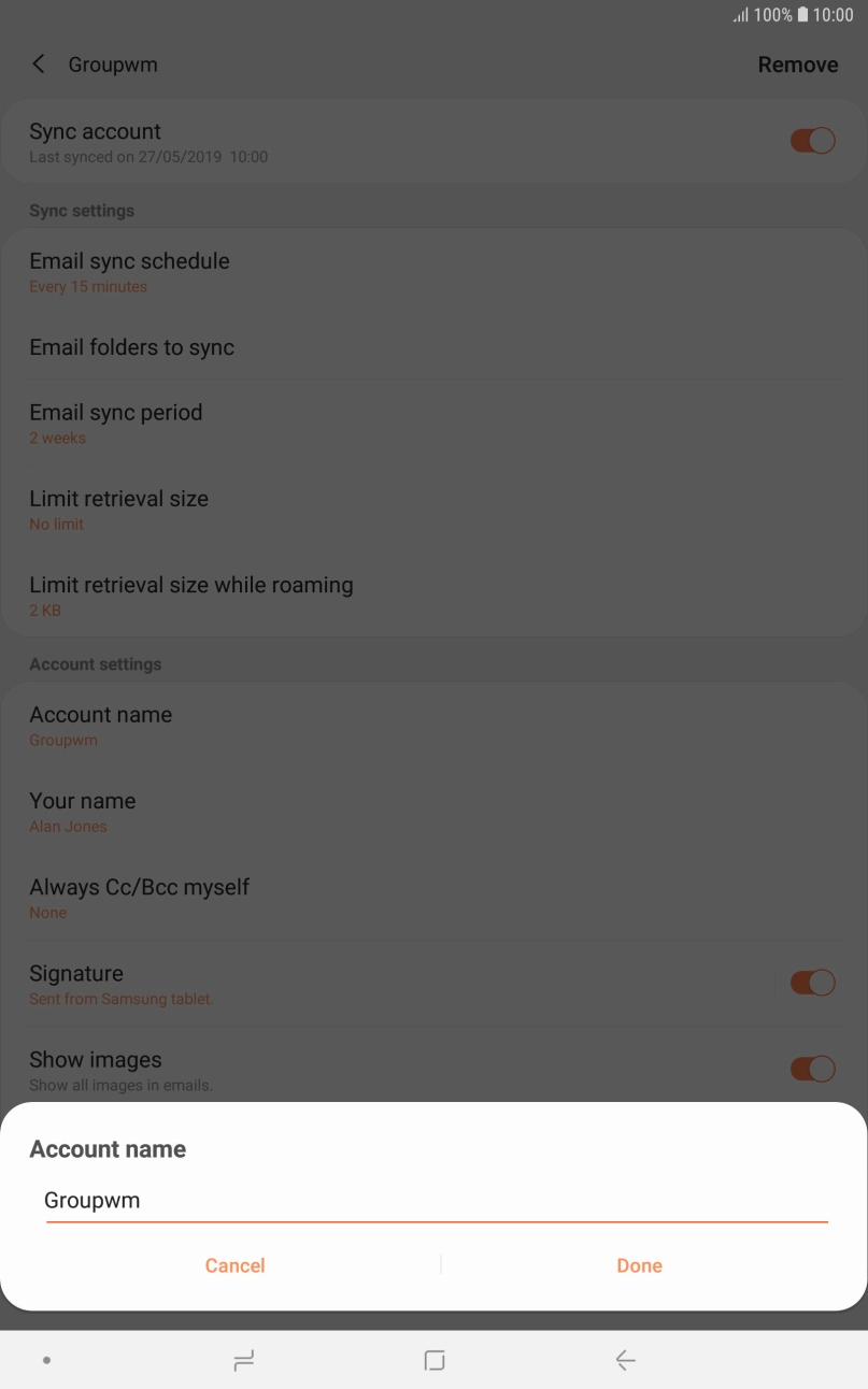 Key in the required name for the email account and press Done.