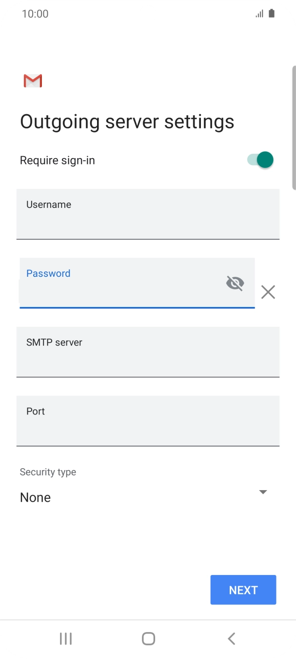 Press the field below 'SMTP server' and key in the name of your email provider's outgoing server. Press the field below 'SMTP server' and key in the name of your email provider's outgoing server.