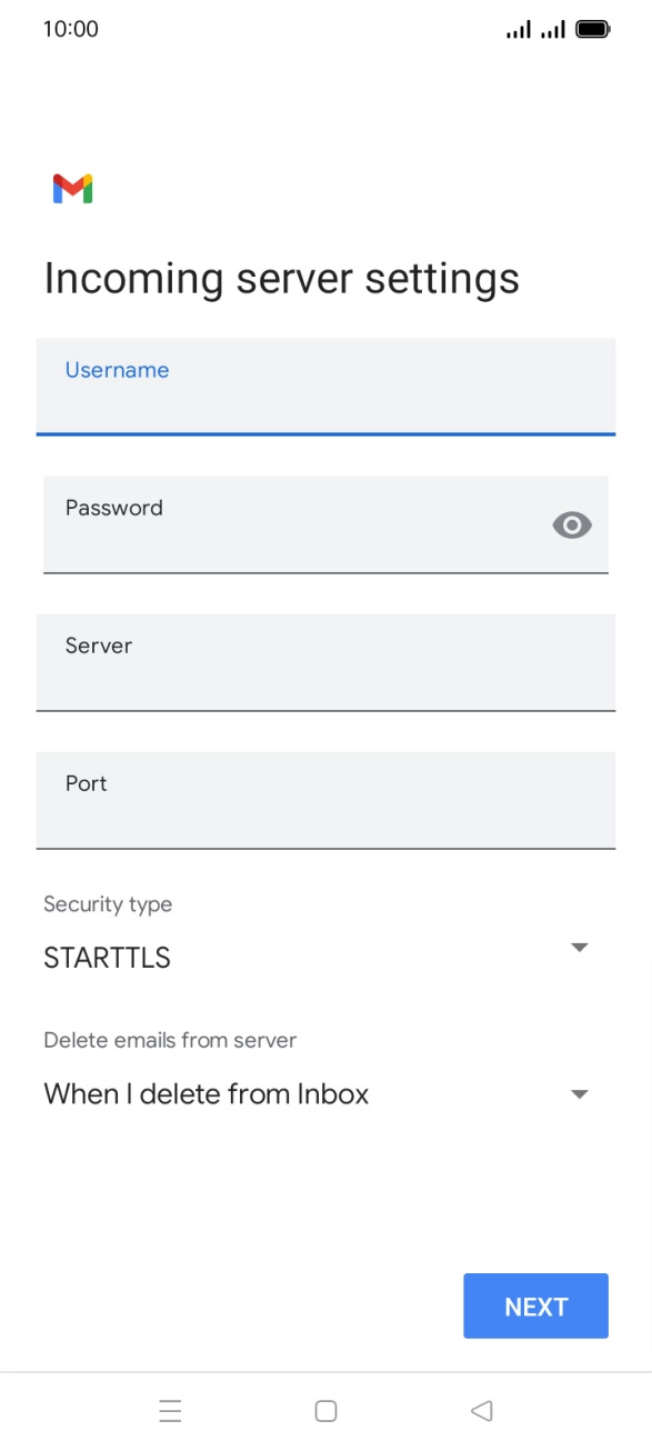 Press the field below 'Server' and key in the name of your email provider's incoming server. Press the field below 'Server' and key in the name of your email provider's incoming server.