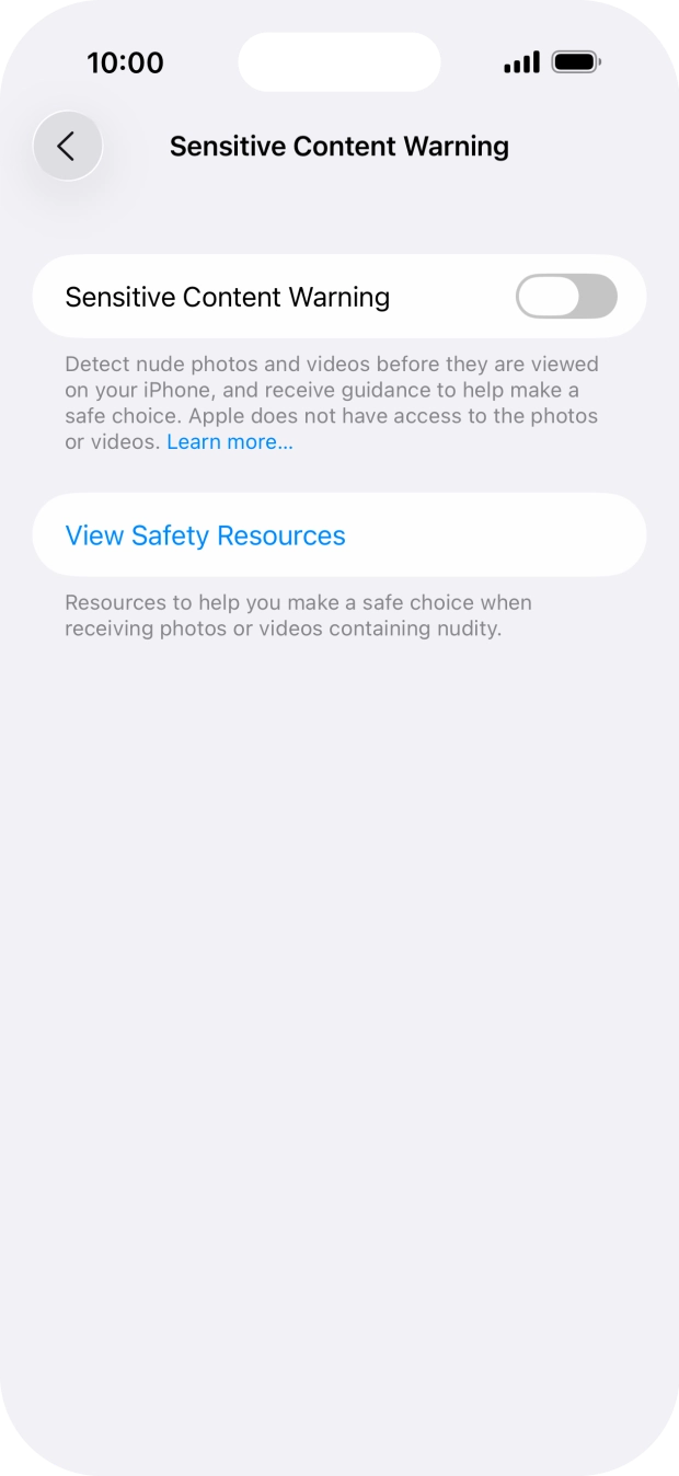 Press the indicator next to 'Sensitive Content Warning' to turn the function on or off. Press the indicator next to 'Sensitive Content Warning' to turn the function on or off.