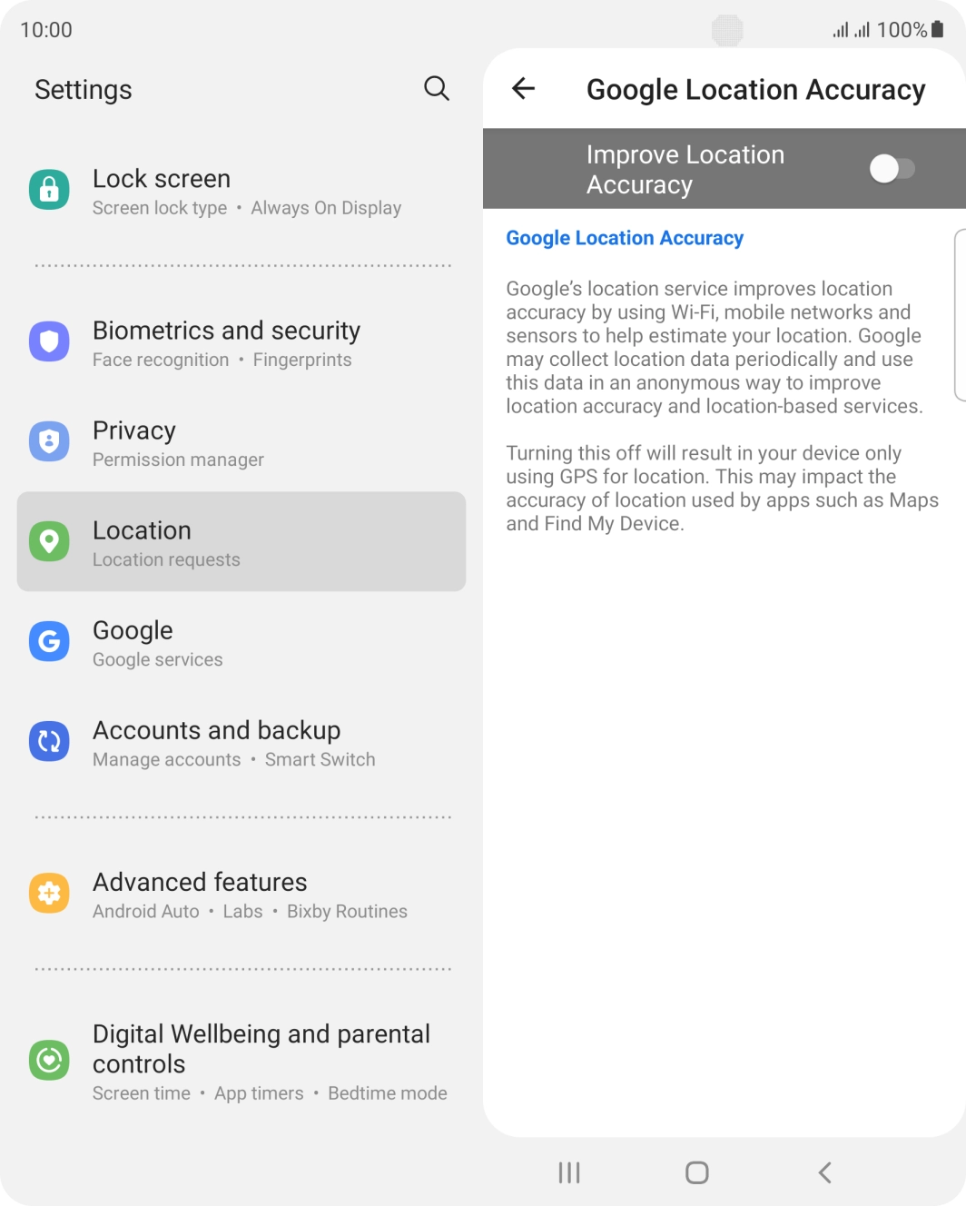 If you press the indicator next to 'Improve Location Accuracy' to turn on the function, your phone can find your exact position using the GPS satellites, the mobile network and nearby WiFi networks. Satellite-based GPS requires a clear view of the sky.