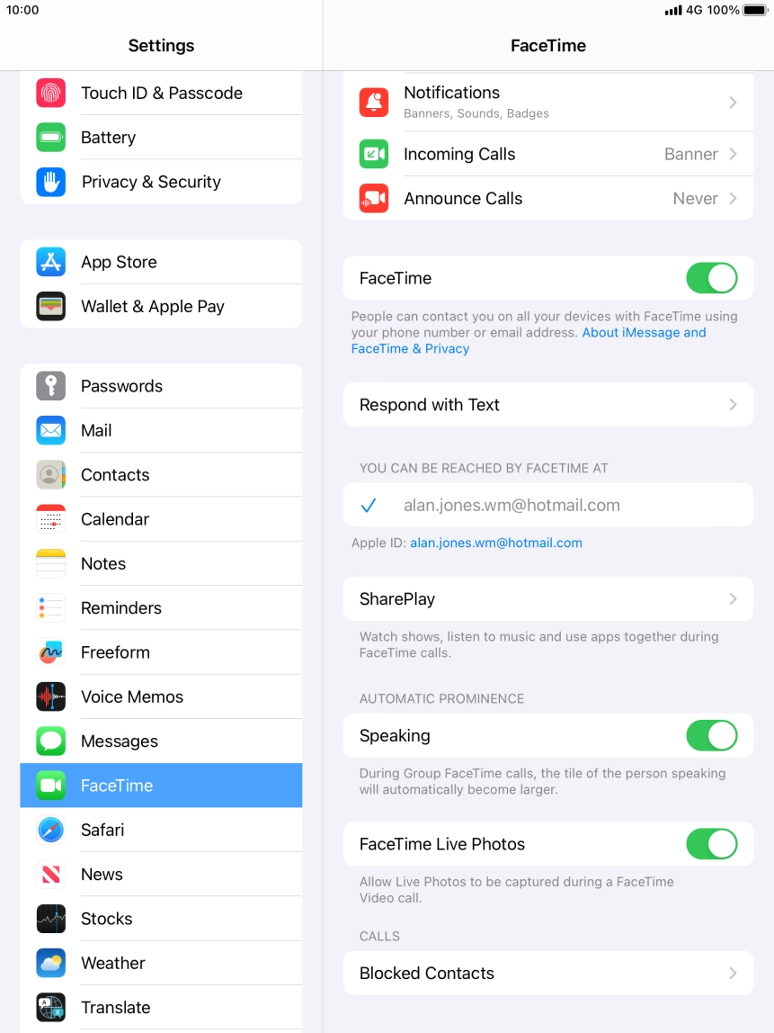 Press the indicator next to 'FaceTime' to turn the function on or off. Press the indicator next to 'FaceTime' to turn the function on or off.