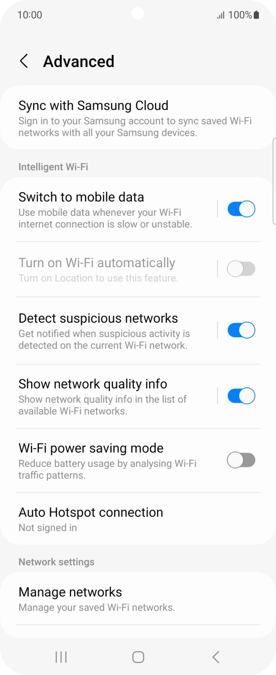 Press the indicator next to 'Switch to mobile data' to turn the function on or off. Press the indicator next to 'Switch to mobile data' to turn the function on or off.