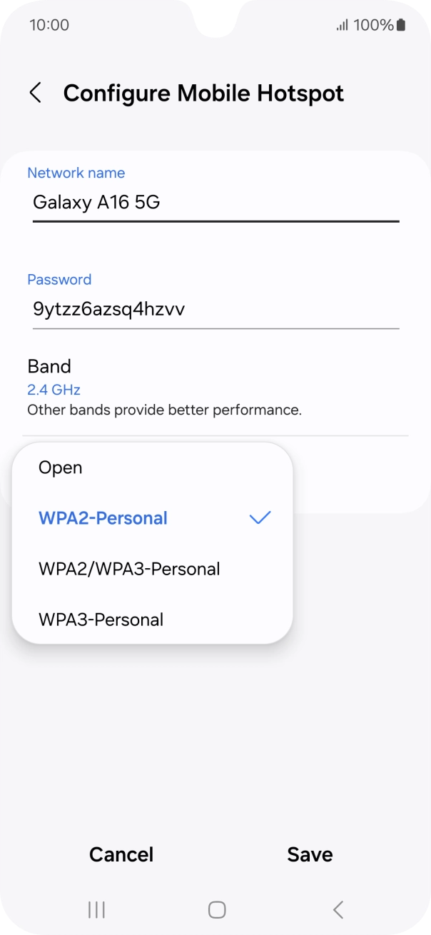 Press WPA3-Personal to password protect your WiFi hotspot. Press WPA3-Personal to password protect your WiFi hotspot.