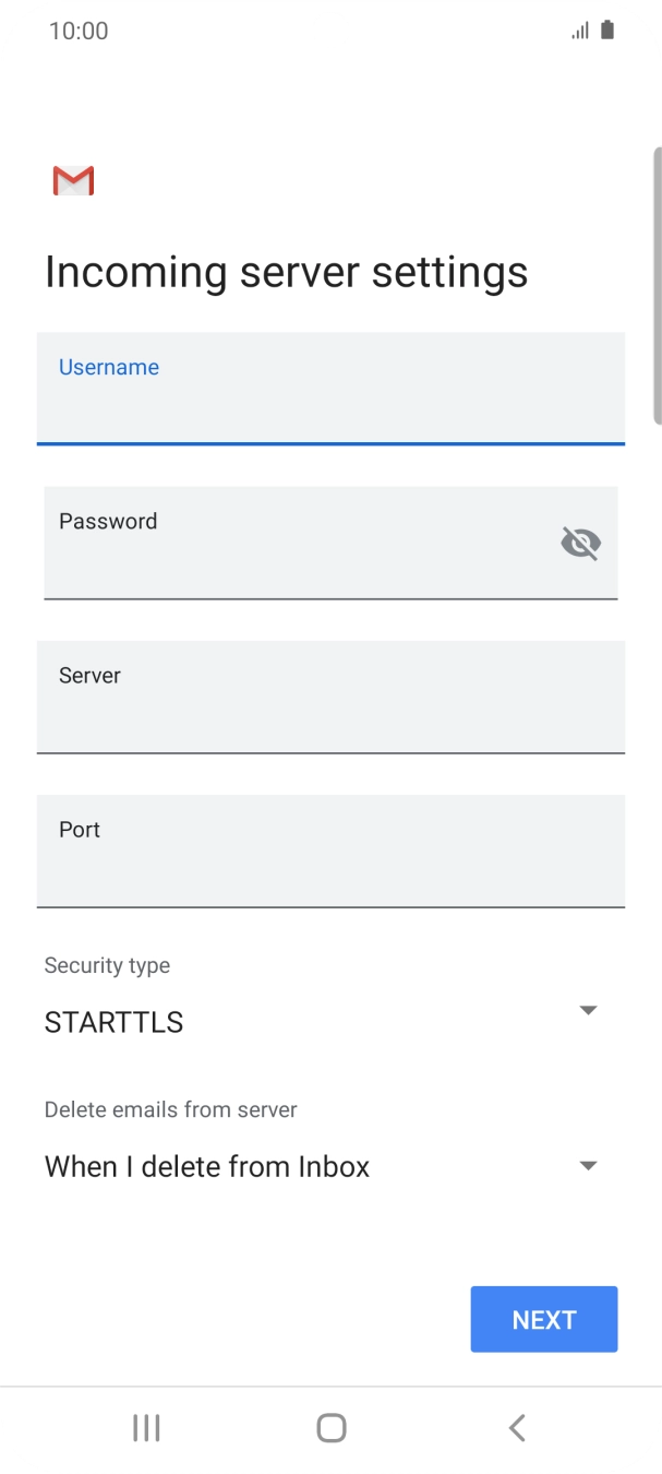 Press the field below 'Server' and key in the name of your email provider's incoming server. Press the field below 'Server' and key in the name of your email provider's incoming server.