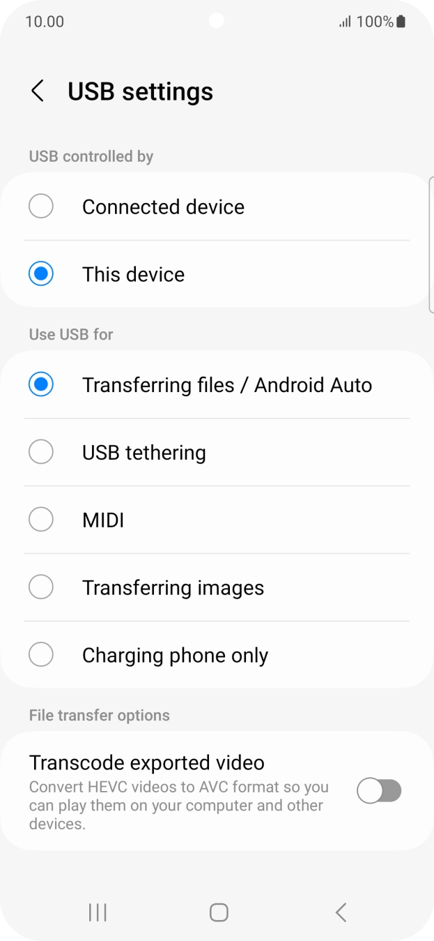 Press Transferring files / Android Auto. Press Transferring files / Android Auto.