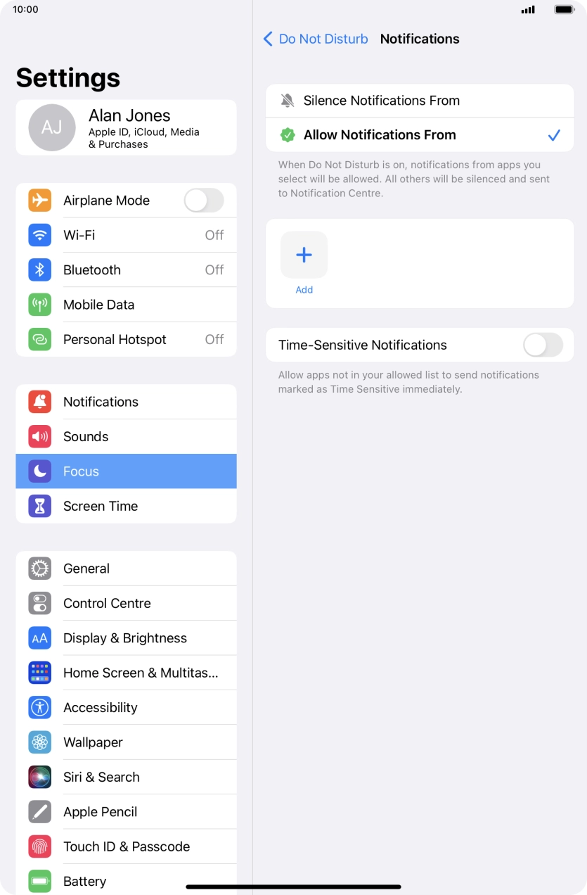 Press the indicator next to 'Time-Sensitive Notifications' to turn display of timed notifications on or off when Do Not Disturb is turned on. Press the indicator next to 'Time-Sensitive Notifications' to turn display of timed notifications on or off when Do Not Disturb is turned on.