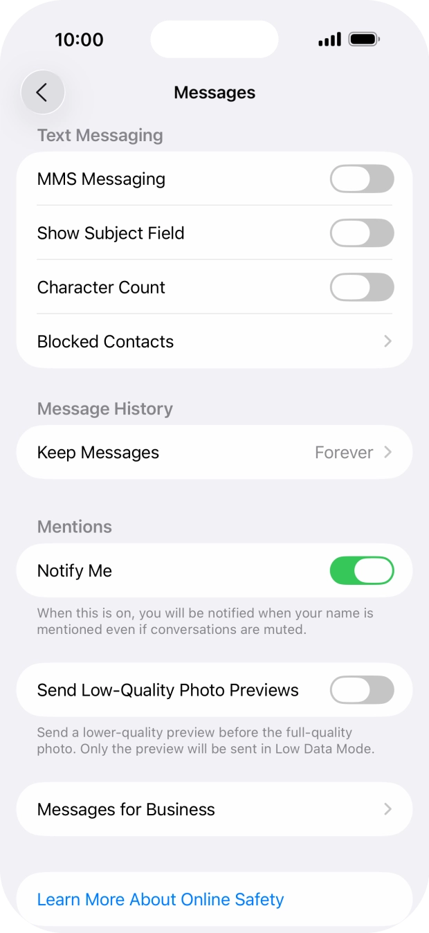 Press the indicator next to 'MMS Messaging' to turn on the function. Press the indicator next to 'MMS Messaging' to turn on the function.