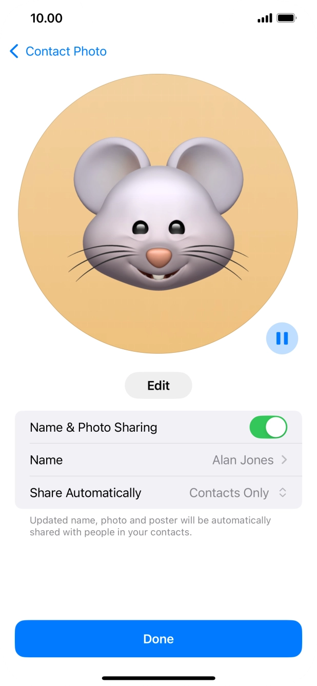 Press the indicator next to 'Name & Photo Sharing' to turn the function on or off. Press the indicator next to 'Name & Photo Sharing' to turn the function on or off.