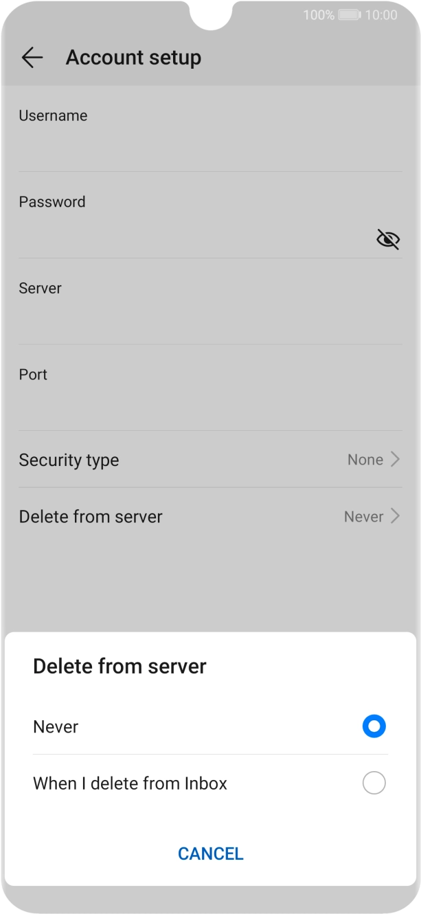 Press Never to keep emails on the server when you delete them on your phone. Press Never to keep emails on the server when you delete them on your phone.