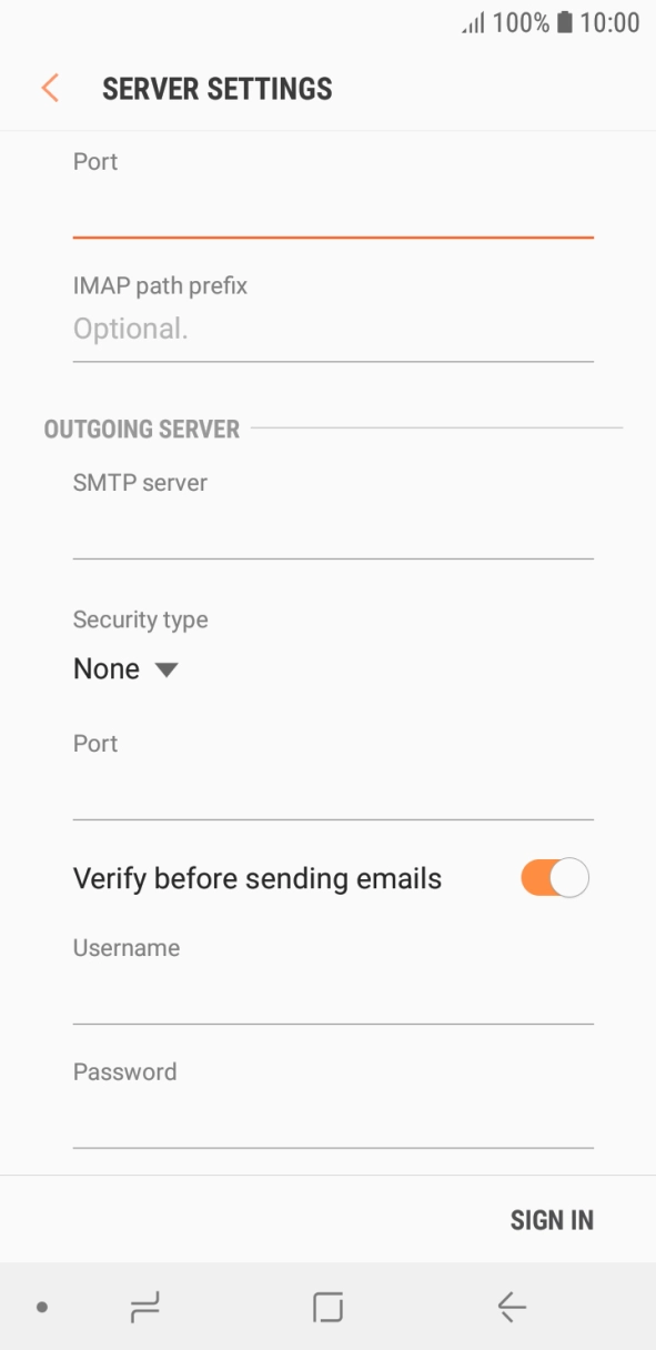 Press the field below 'SMTP server' and key in the name of your email provider's outgoing server. Press the field below 'SMTP server' and key in the name of your email provider's outgoing server.