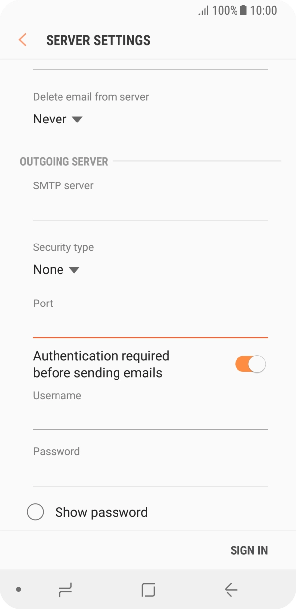 Press the indicator next to 'Authentication required before sending emails' to turn on the function. Press the indicator next to 'Authentication required before sending emails' to turn on the function.