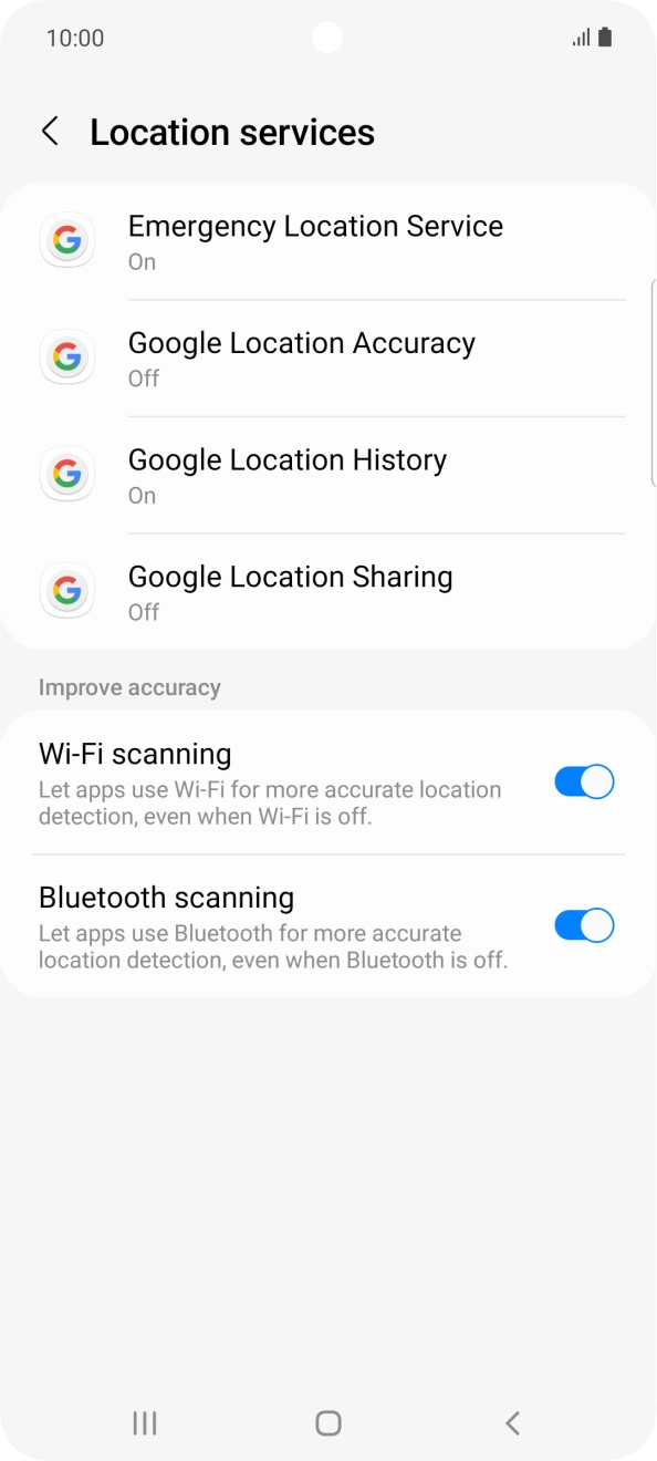 Press Google Location Accuracy. Press Google Location Accuracy.