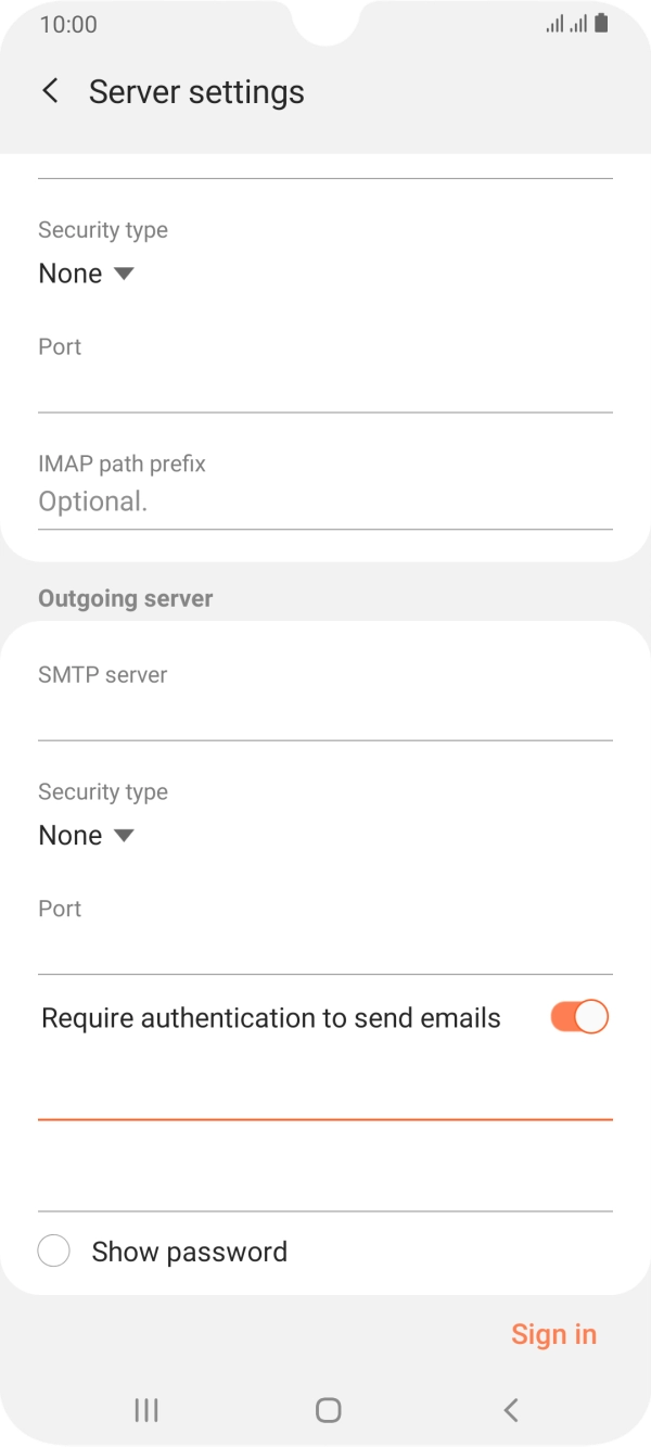 Press the password field and key in the password for your email provider's outgoing server.
