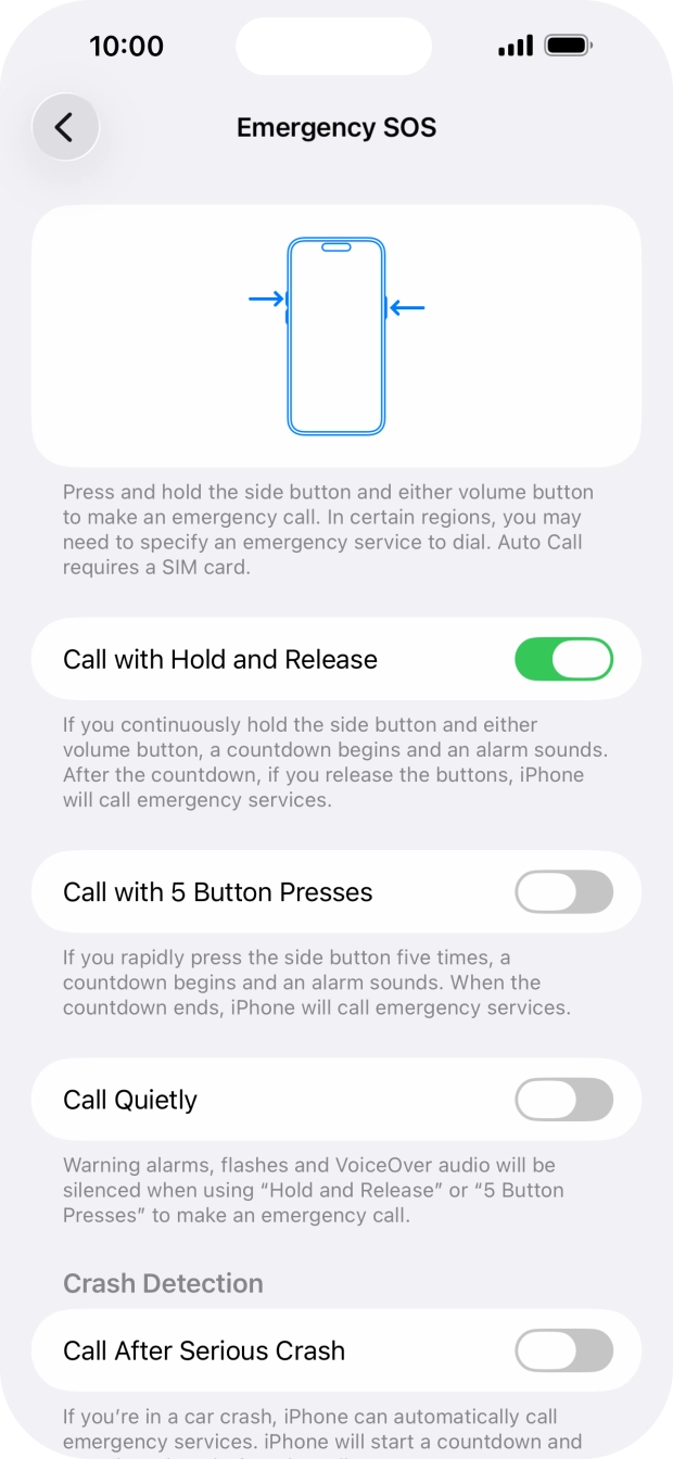 Press the indicator next to 'Call After Serious Crash' to turn on the function.