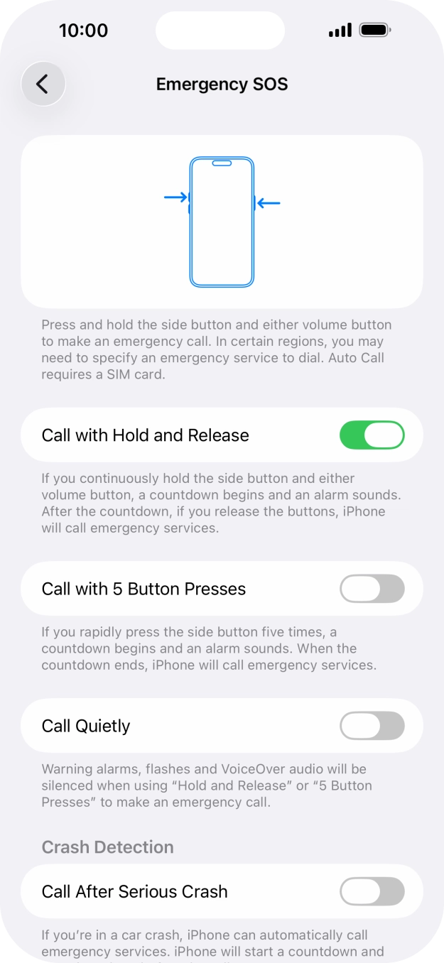 Press the indicator next to 'Call After Serious Crash' to turn on the function.