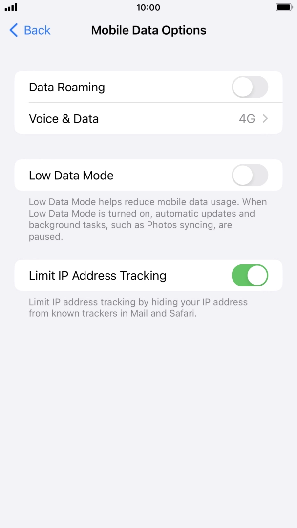 Press the indicator next to 'Data Roaming' to turn the function on or off.