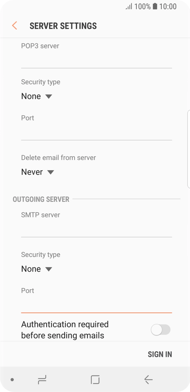 Press the indicator next to 'Authentication required before sending emails' to turn on the function. Press the indicator next to 'Authentication required before sending emails' to turn on the function.