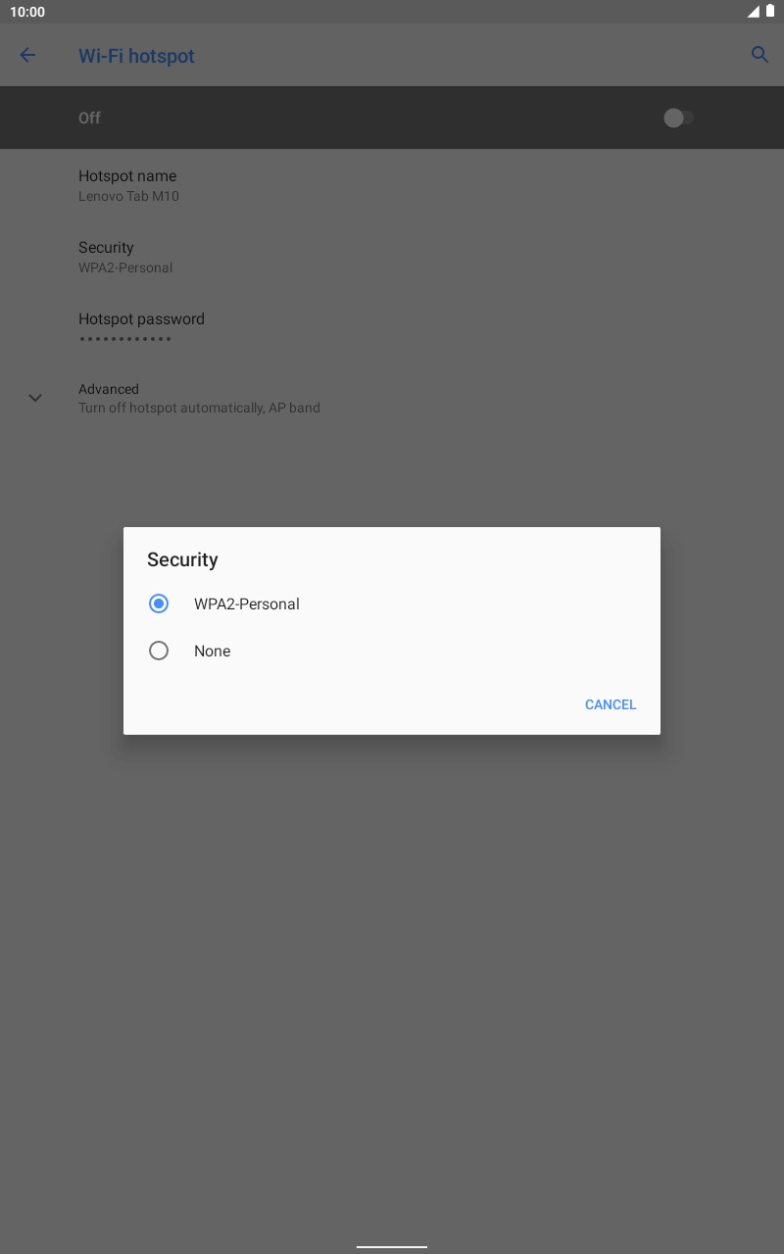 Press WPA2-Personal to password protect your WiFi hotspot. Press WPA2-Personal to password protect your WiFi hotspot.