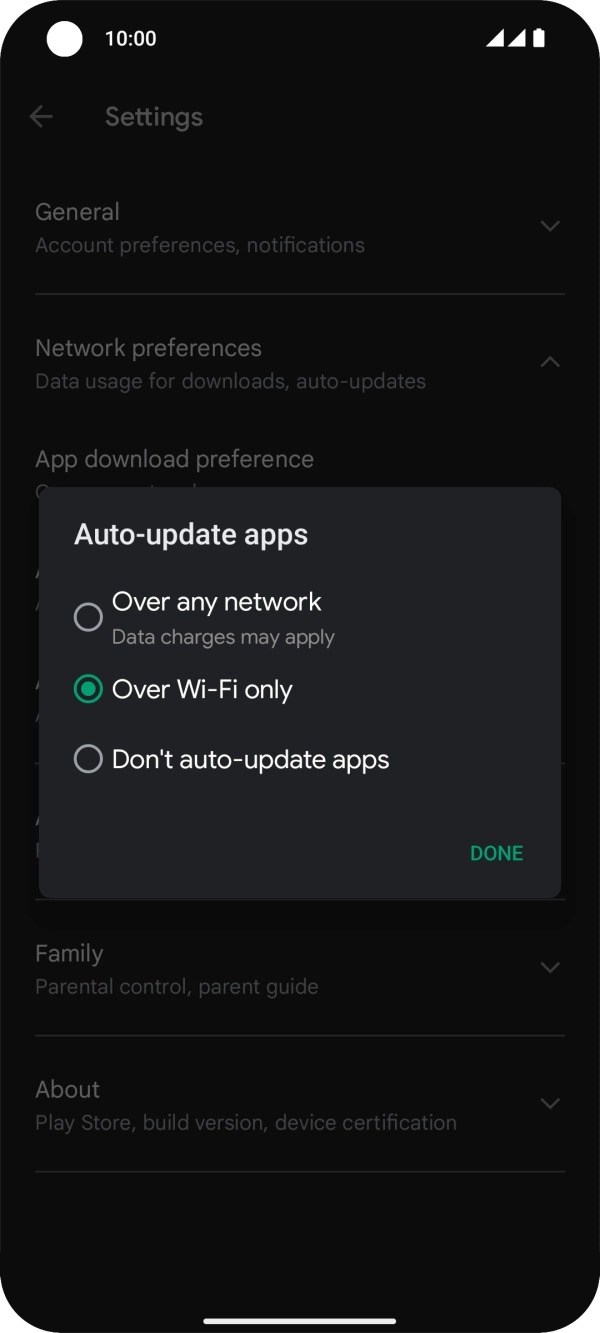 To turn on automatic update of apps using mobile network, press Over any network.