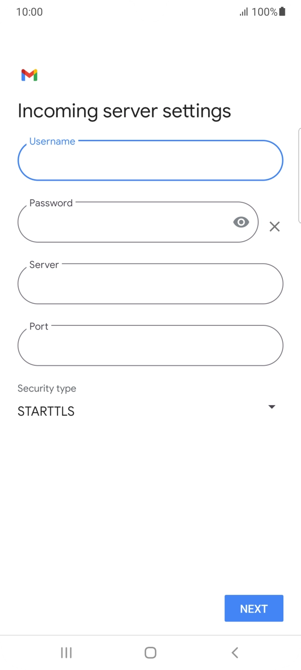 Press the field below 'Server' and key in the name of your email provider's incoming server. Press the field below 'Server' and key in the name of your email provider's incoming server.