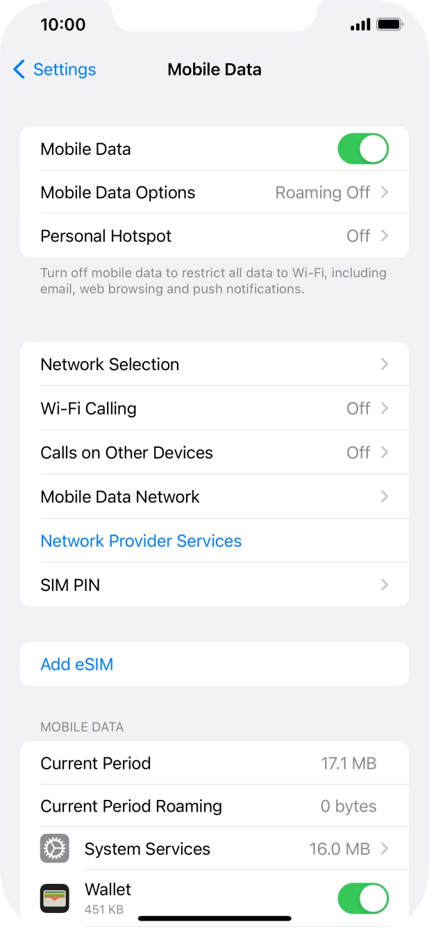 Press the indicator next to 'Mobile Data' to turn the function on or off. Press the indicator next to 'Mobile Data' to turn the function on or off.