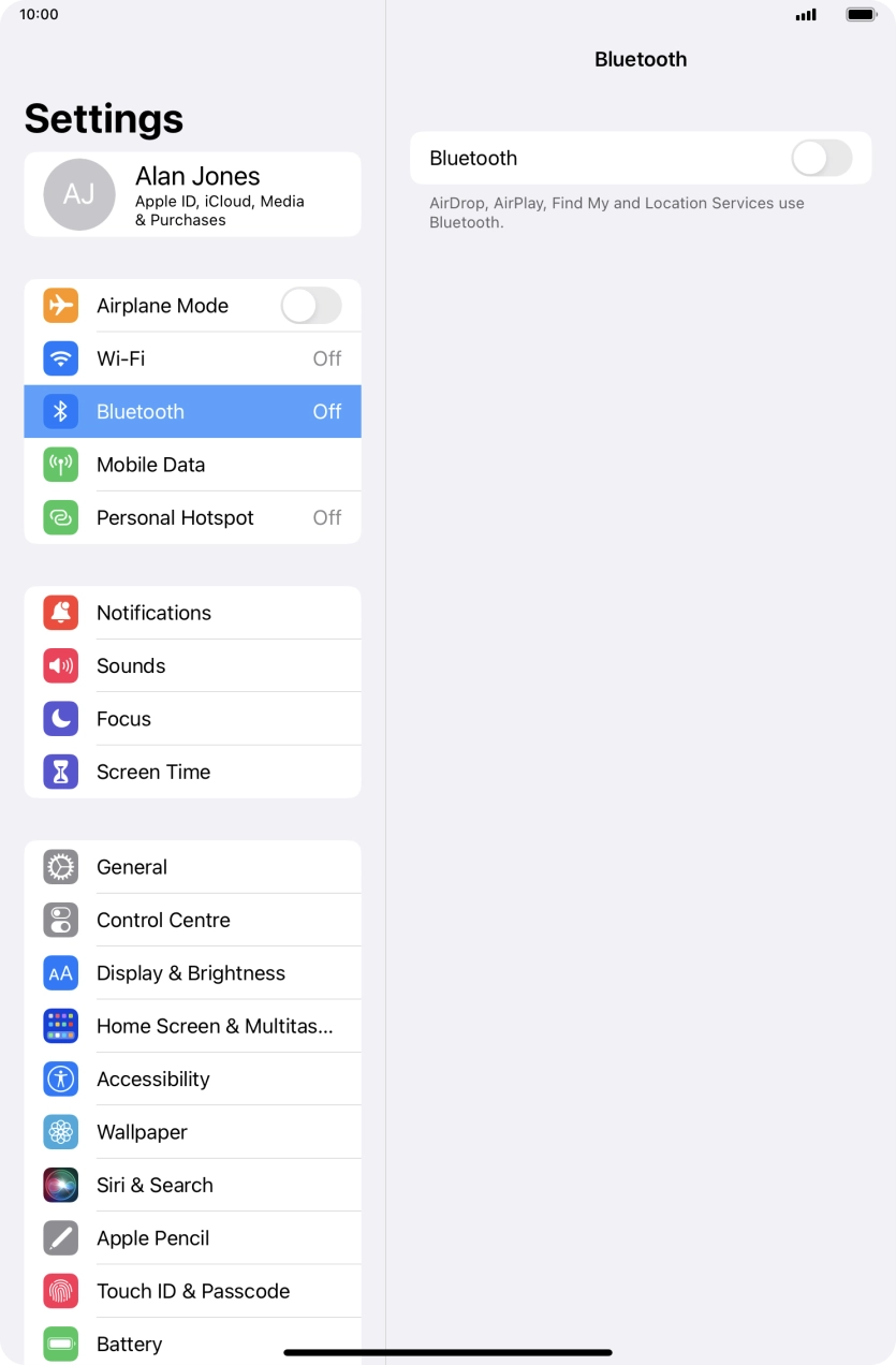 Press the indicator next to 'Bluetooth' to turn on the function.
