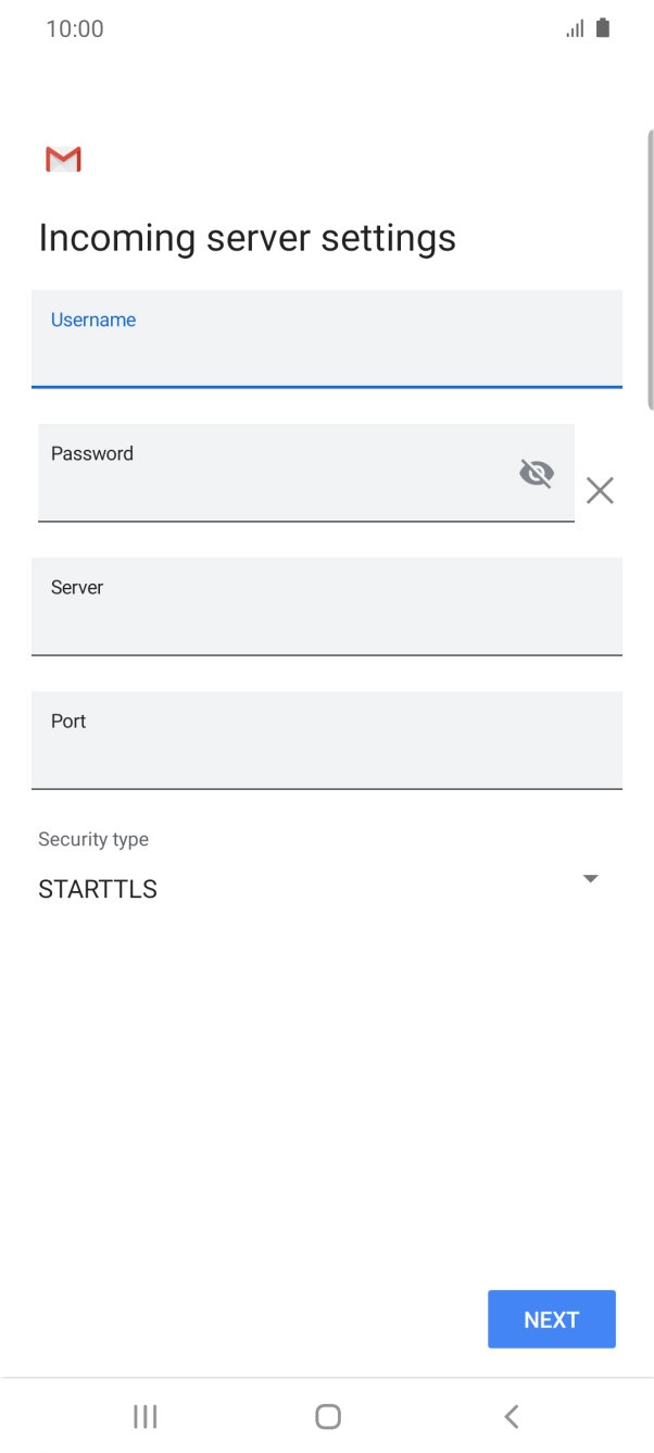 Press the field below 'Server' and key in the name of your email provider's incoming server. Press the field below 'Server' and key in the name of your email provider's incoming server.