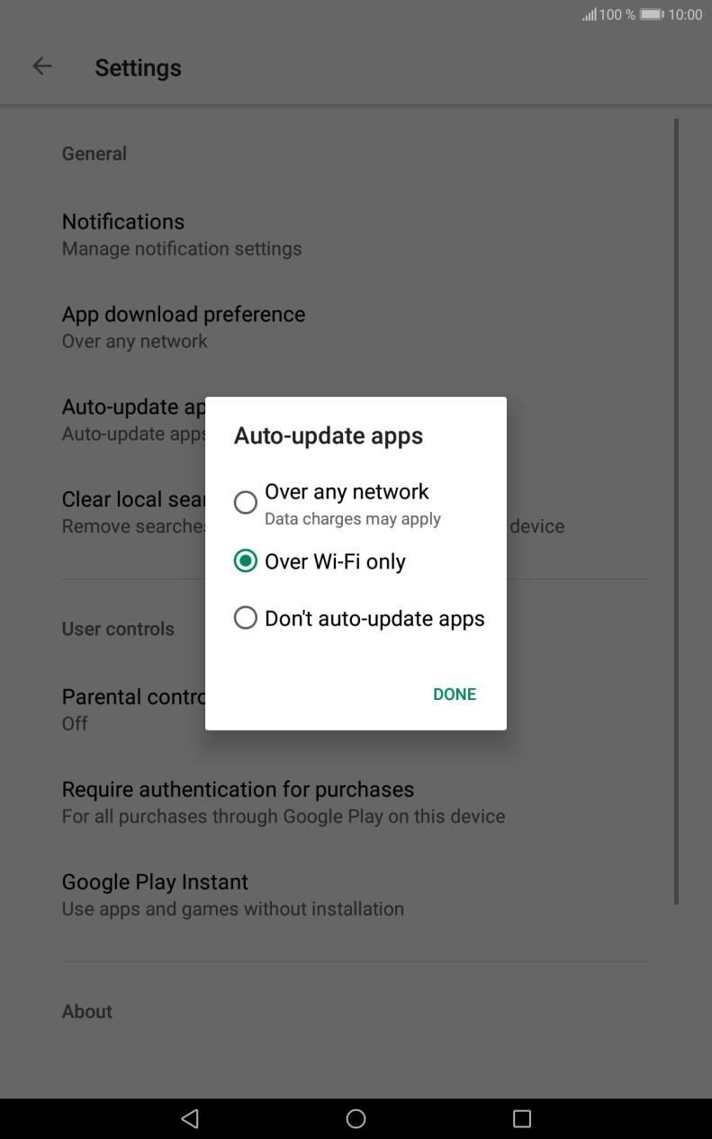 To turn on automatic update of apps using mobile network, press Over any network.